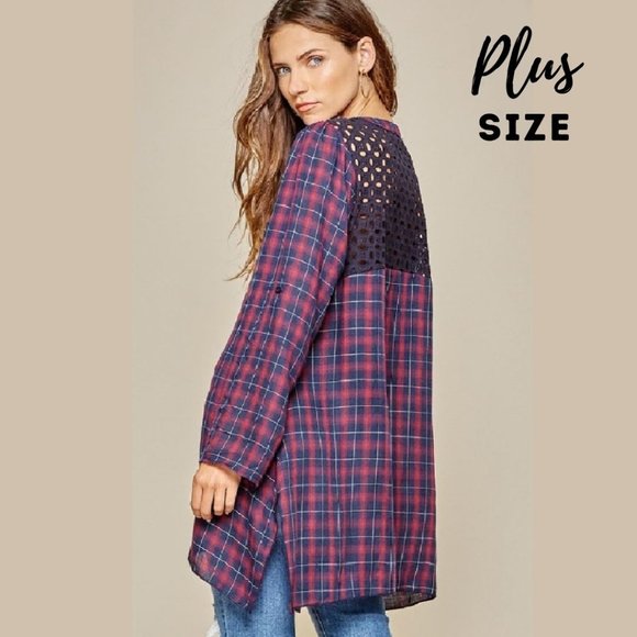 NWT PLUS SIZE Plaid VNeck Embroidered Tunic - Picture 2 of 5